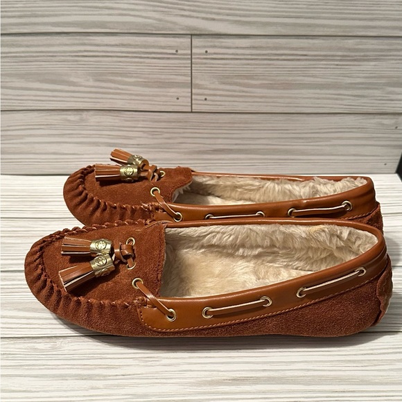 Lucky Brand Cognac Brown LeatherUpper Faux Fur Lined Moccasins FlatsLoafers Sz 8 - Picture 4 of 6